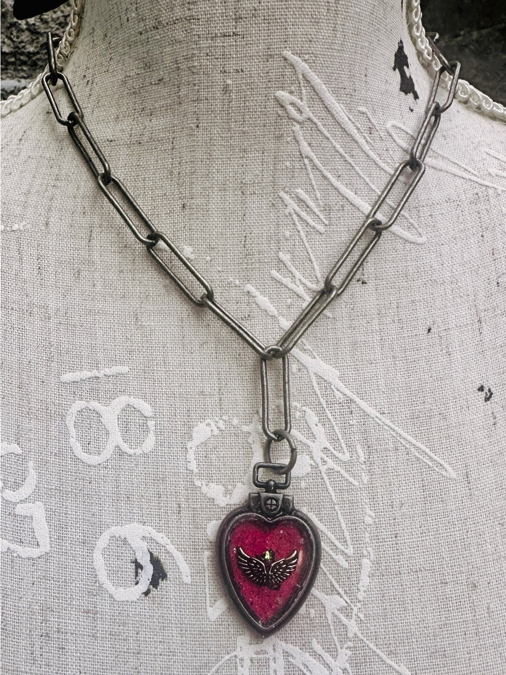 Antique Silver Heart Pendant with Gold Wings